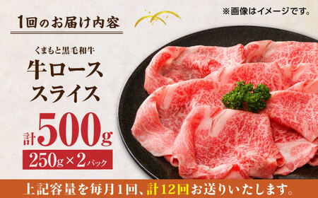 【12回定期便】くまもと黒毛和牛 牛ローススライス 牛すき・しゃぶしゃぶ用 500g（250g×2pc）【馬刺しの郷 民守】   熊本県産 九州産 和牛 お肉 肉 スライス すき焼き しゃぶしゃぶ 小分け ロース  [ZBL116]