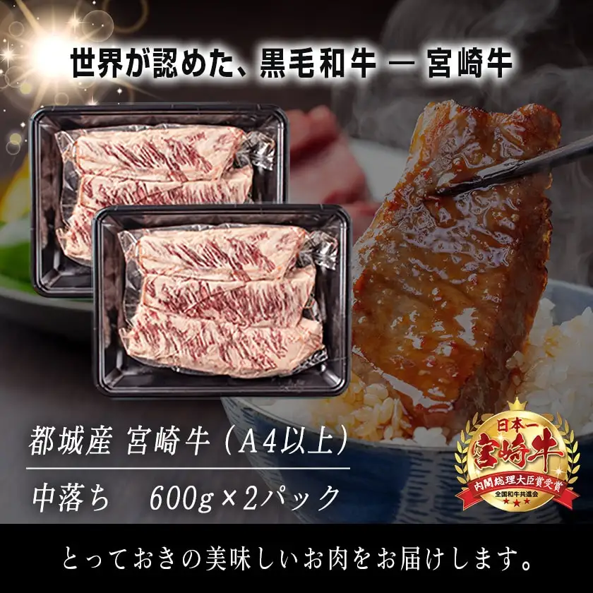 宮崎牛中落ち1.2kg〔MJ-2509〕_(都城市) 宮崎県産宮崎牛 A4ランク以上 牛中落ち肉 600g 2パック 牛中落ちカルビ ゲタ 中バラ 国産 牛バラ肉 カレー おでん 煮込み料理