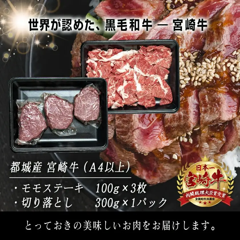 宮崎牛モモステーキ・切り落とし600gセット_MJ-2510_(都城市) 都城産 宮崎牛 牛肉セット 牛モモステーキ用 100g×3枚 牛切り落とし 300g×1パック 赤身肉 牛ステーキ肉 牛切落し