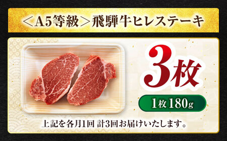 【3回定期便】飛騨牛ヒレステーキ180g×3枚 計540g 総計1.62kg【マルゴー】ヒレ A5 岐阜県産[MBE043]