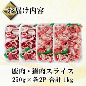i893《毎月数量限定》鹿児島県出水市産 大幸鹿・猪 しゃぶしゃぶ用スライス（250g×各2P 計4P・1kg） 肉 鹿肉 猪肉 ジビエ 料理 高タンパク 低カロリー 低脂質 鉄分豊富 亜鉛 ビタミン ビタミンB ダイエット しゃぶしゃぶ 冷凍【大幸】
