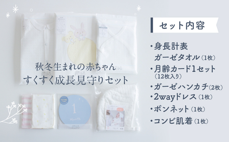 秋冬生まれの赤ちゃんすくすく成長見守りセット タオル 月齢カード ハンカチ ドレス ボンネット コンビ肌着 出産準備 赤ちゃん用品 ニット ベビー用品 ベビーグッズ ベビー服 ベビーウェア 育児 秋服 冬服  国産 _Tk032-021