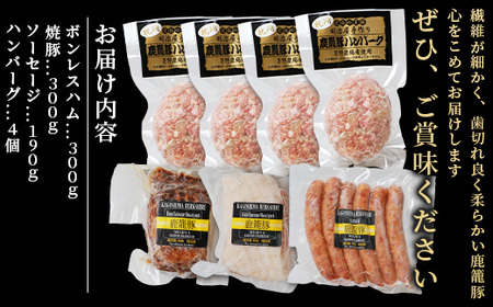 ハンバーグ・ソーセージ・ハム・焼豚【合計1.3kg】枕崎産黒豚 B3-4_肉 豚肉  ぶたにく ブタ ポーク  肉 ハム 豚肉   肉 ハンバーグ 豚肉   肉 ソーセージ・ウインナー 豚肉   肉  豚肉 _【配送不可地域：離島】【1166984】