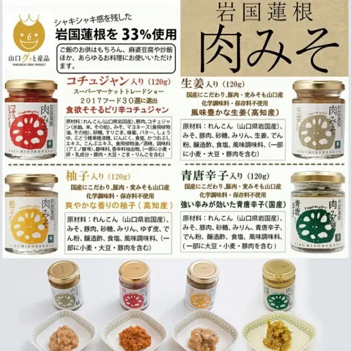 岩国蓮根 肉みそ 4種(コチュジャン・柚子・生姜・青唐辛子)・カレー４箱セット【池本食品】