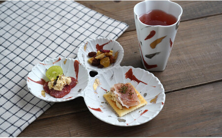 有田焼 和彩金銀赤花型 ペアカップ 花型三種皿 (大) セット モダン 花模様 取皿 うつわ フリーカップ 和食器 富永陶磁器 A35-265