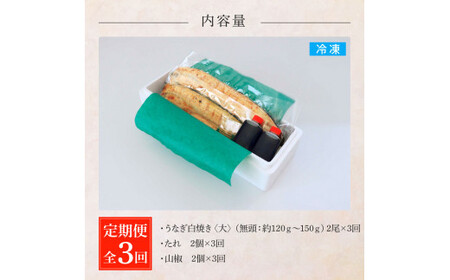 うなぎの白焼き(大) 2尾×3回 定期便 3ヶ月 定期コース タレ付き 山椒付き 