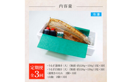 うなぎの蒲焼き(大)+白焼き(大) 各1尾×3回 定期便 3ヶ月 定期コース タレ付き 山椒付き