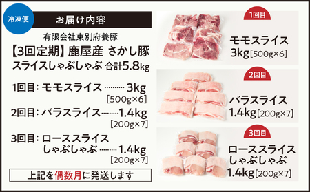 2166【 全3回 定期便 / 偶数月 配送 】鹿屋産 さかし豚 スライス しゃぶしゃぶ  3回 合計 5.8kg KN079-T03 肉 豚肉