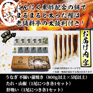 【訳あり】鹿児島県産！秘伝のスタミナうなぎ蒲焼き＜計800g以上/5尾以上＞肝吸いセット！ にんにく黒酢パワーで丸々太った美味しい鰻！ うなぎ ウナギ 鰻 蒲焼き スタミナ 黒酢 ニンニク 不揃い 鹿児島 肝吸い d0-038