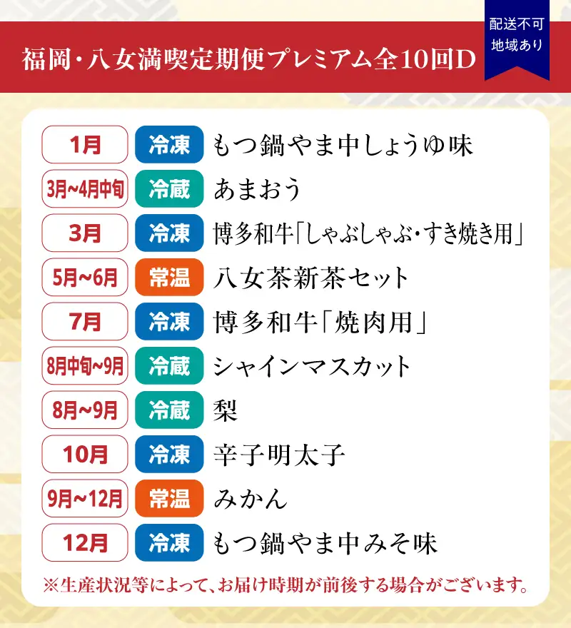 福岡・八女満喫定期便プレミアム全10回D＜配送不可：北海道・沖縄・離島＞ もつ鍋 みそ しょうゆ 牛肉 いちご イチゴ あまおう シャインマスカット 梨 みかん 明太子 しゃぶしゃぶ すき焼き 新茶 八女茶 焼肉 辛子明太子 072-T090
