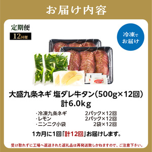 ≪定期便全12回≫【大盛九条ネギ】塩ダレ牛タン500g 薄切り牛タン 093-T03