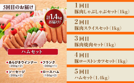 【5回定期便】ナルちゃんファーム 豚肉三昧お楽しみコース 総量5.4kg（豚肉しゃぶしゃぶ・スライス・焼肉・とんかつ計4kg ハムセット1.4kg）/ 豚肉 ロースハム ハム はむ ウインナー ういんなー ソーセージ そーせーじ フランク 豚ロース ロース ろーす 豚モモ モモ もも 豚バラ 焼肉 しゃぶしゃぶ スライス 豚肉定期便 / 大村市 / おおむら夢ファームシュシュ[ACAA075]