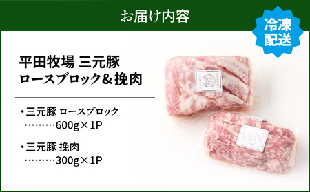日本の米育ち平田牧場 三元豚ロースブロック（600g）・挽肉（300g）計900g　T036-009 肉 豚肉