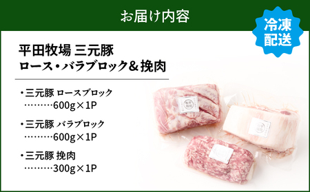 日本の米育ち平田牧場 三元豚ロースブロック（600g）・バラブロック（600g）・挽肉（300g）計1.5kg　T036-010 肉 豚肉