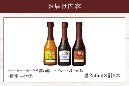 オークスハート 飲む酢 デザートビネガー250ml 3本セット フルーツビネガー 果実酢 ブルーベリー シークヮーサーと八朔 信州りんご 詰合せ 内堀醸造