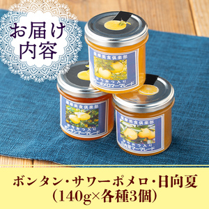 isa556 3種の柑橘ジャム食べ比べセットA(計9個・ボンタン、サワーポメロ、日向夏 各140g) 加工食品 果物 フルーツ 詰め合わせ 果肉 柑橘 低糖 ハンドメイド ジャム ギフト マーマレード【薩摩美食倶楽部】