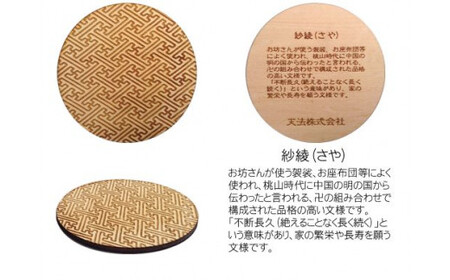 木製和柄コースター 丸 和柄縁起解説入 (直径9cm×厚0.3cm・4枚セット) ふるさと納税 福知山市 コースター 木製 和風 和柄 縁起 御守文様 開運 厄除け 木彫り 平彫り 木工 木製品 【fc-ZG035】【天法株式会社】