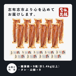 鹿児島県産うなぎ蒲焼 名水慈鰻 上9尾(1尾160g以上)＜計1.4kg以上＞ e0-060