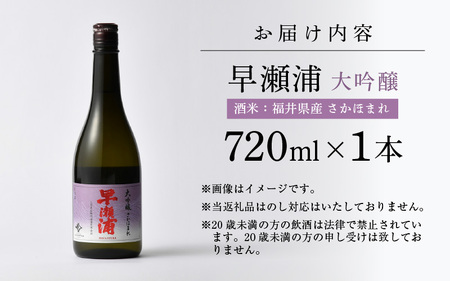 入手困難【早瀬浦】大吟醸 さかほまれ 720ml × 1本【日本酒 地酒 福井 美浜 早瀬 フルーティ 男酒 硬水 ミネラル 希少 ご褒美 家飲み 敬老の日 プレゼント】[m16-a027]