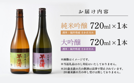 入手困難【早瀬浦】大吟醸 さかほまれ 720ml × 1本 ＆ 純米吟醸 さかほまれ 720ml × 1本 セット【飲み比べ 日本酒 地酒 福井 美浜 早瀬 フルーティ 男酒 硬水 ミネラル 】[m16-b033]