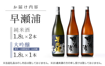 入手困難【早瀬浦】大吟醸 1800ml × 1本 ＆ 純米酒 1800ml × 2本 セット【飲み比べ 日本酒 地酒 福井 美浜 早瀬 フルーティ 男酒 硬水 ミネラル 希少 ご褒美 家飲み 敬老の日 プレゼント 】[m16-g002]