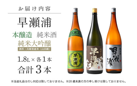 入手困難【早瀬浦】純米大吟醸 1800ml ＆ 純米酒 1800ml ＆ 本醸造 1800ml × 各1本ずつ セット【飲み比べ 日本酒 地酒 福井 美浜 早瀬 フルーティ 男酒 硬水 ミネラル 希少 ご褒美 家飲み 敬老の日 プレゼント】[m16-g001]