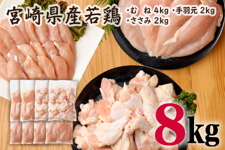 宮崎県産若鶏［ムネ・ササミ・手羽元］合計8kg 【B392】