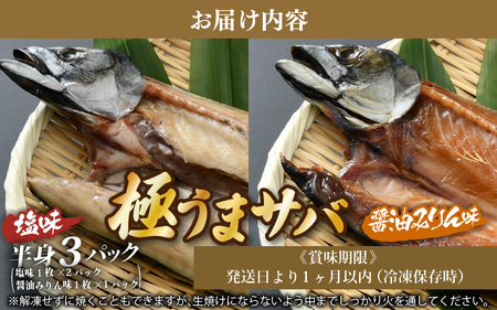 干物 鯖一夜干し 極うまサバ 半身3パック （塩味1枚×2パック 醤油みりん味1枚×1パック）鯖 サバ [m17-a080]