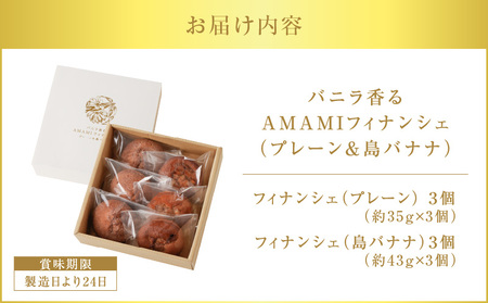 バニラ香るAMAMIフィナンシェ（プレーン＆島バナナ）　A157-001 プレーン 島バナナ 各 3個 計 6個 バニラ フィナンシェ 個包装 お菓子 おやつ デザート ケーキ スイーツ グルメ 焼き菓子 洋菓子 合同会社 AMAMIバリュープロデュース 鹿児島県 奄美市 奄美大島 お取り寄せ お取り寄せ 送料無料