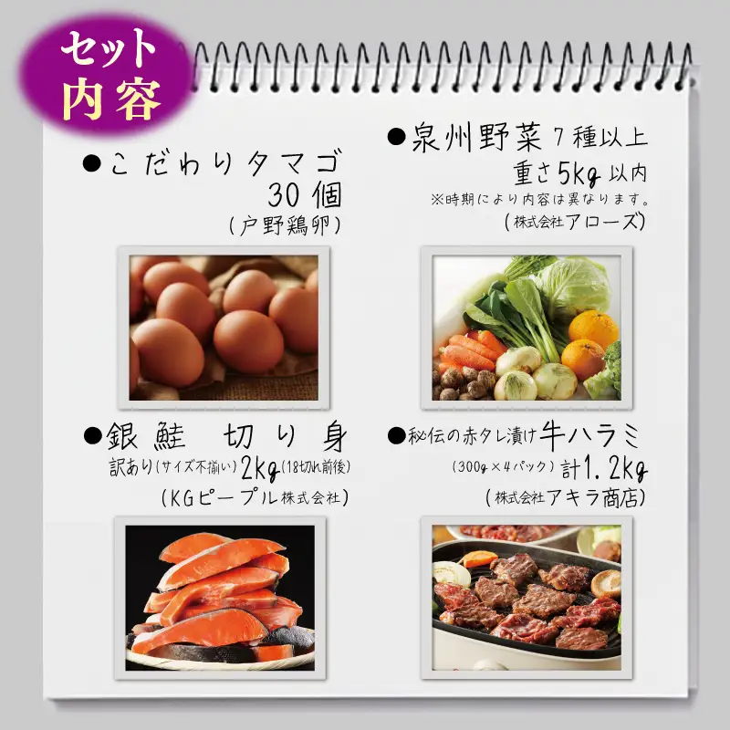 099S016 主婦が選んだ まんぷく セット（牛肉 ハラミ 銀鮭 切り身 たまご 野菜）