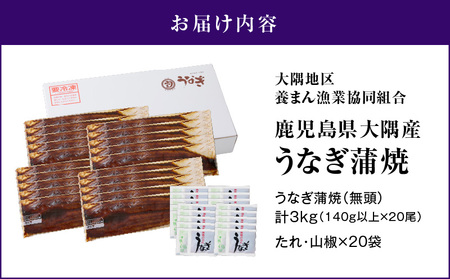 【 土用の丑の日特集 】727-1 鹿児島県大隅産 うなぎ蒲焼 20尾（3kg） KN007-020 うなぎ 鰻 魚 惣菜 総菜
