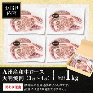 isa574 ＜訳あり＞九州産和牛ロース大判焼肉(合計1kg・3枚～4枚) 4等級以上 国産 真空包装 真空パック リブロース ステーキ 牛 うし 牛肉 アウトドア BBQ 冷凍 【サンキョーミート株式会社】