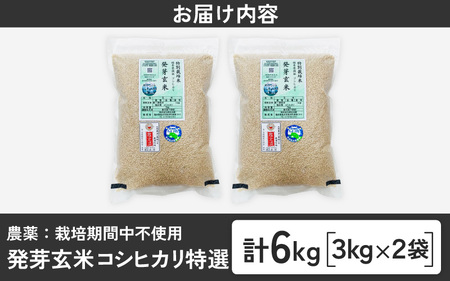 【令和7年産】発芽玄米 コシヒカリ「特選」特別栽培米使用 3kg×2袋（計6kg）【米 こしひかり 玄米 ギャバ GABA 無農薬 特別栽培 食物繊維 栄養 真空パック ごはん ご飯 おいしい ふるさと納税米】 [C-2939]