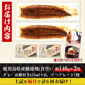 i938-B ＜定期便・計6回(隔月)＞鹿児島県産うなぎ蒲焼2尾セット＜(約140g×2・計約280g)×全6回＞定期便 うなぎ 鰻 ウナギ 2尾 蒲焼き 国産 鹿児島県産 焼きたて 生産量日本一 真空パック おかず 晩御飯 特別な日 土用の丑の日【薩摩川内鰻】