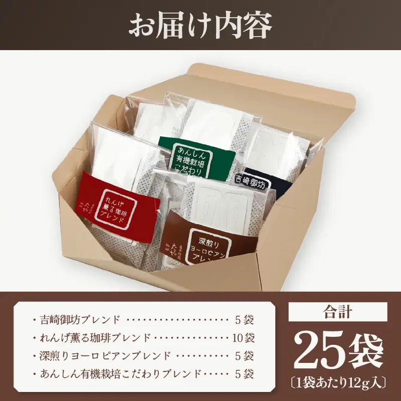 【お試し】贅沢セット！直火焙煎珈琲豆4種類ドリップ25袋（1袋たっぷり12g）/ 送料無料 コーヒー 人気 有名店 専門店 本格的 美味しいコーヒー ミル おすすめ 香り 色々な珈琲 お試し アイスコーヒー スペシャリティー珈琲 気軽に飲む [aw057-a021]