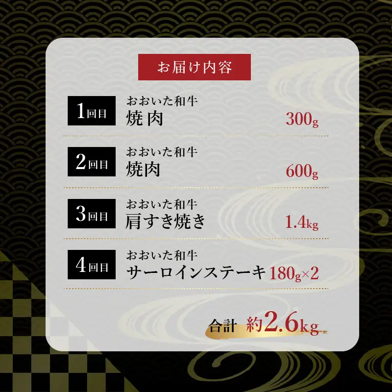 《定期便》おおいた和牛 定期便C_B163-012【牛 牛肉 和牛 おおいた和牛 セット 焼肉 すき焼き ステーキ 定期便 定期 のし 贈答 贈り物 冷凍 送料無料 4回 別府市】