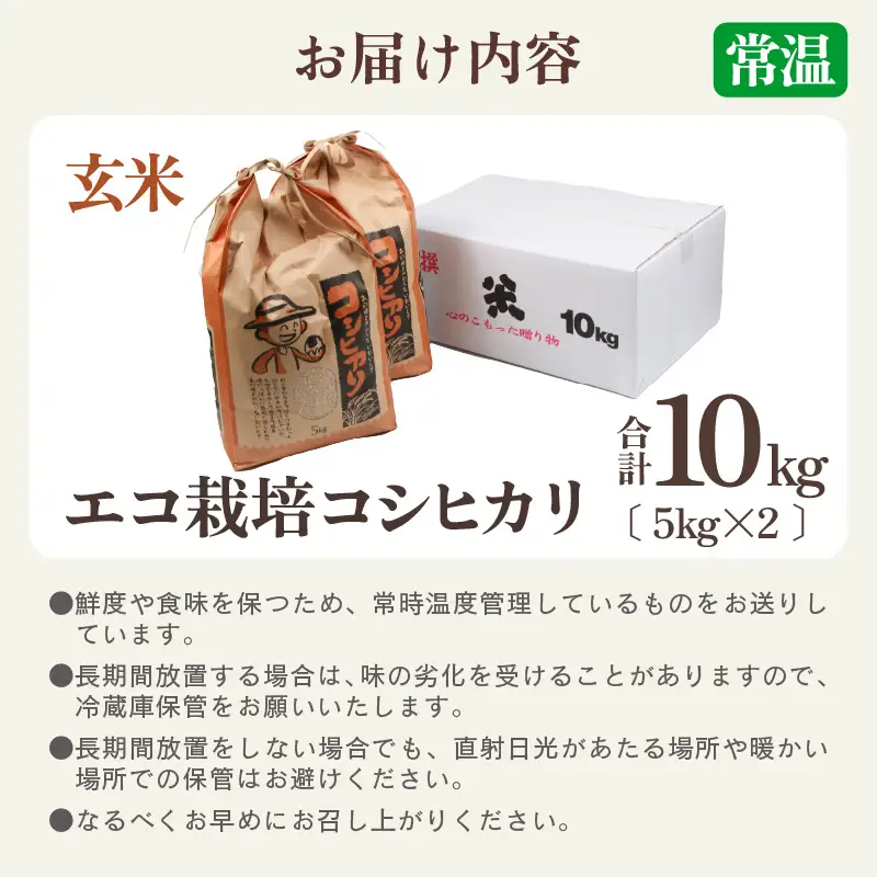【先行予約】【令和8年産 新米】エコ栽培コシヒカリ 玄米10kg（5kg×2） ／ 鮮度抜群 福井県産 こしひかり ご飯 新鮮 玄米 ※2026年10月上旬以降順次発送 [aw063-b011]