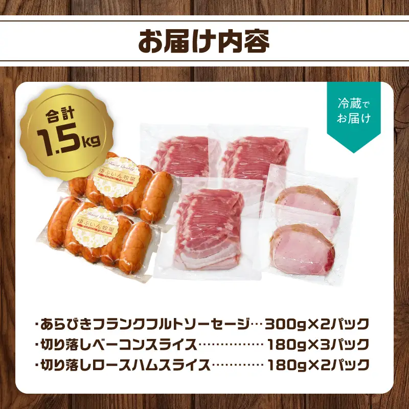 あらびきフランク＆切り落しベーコン＆ロースハム1.5kgセット A05072