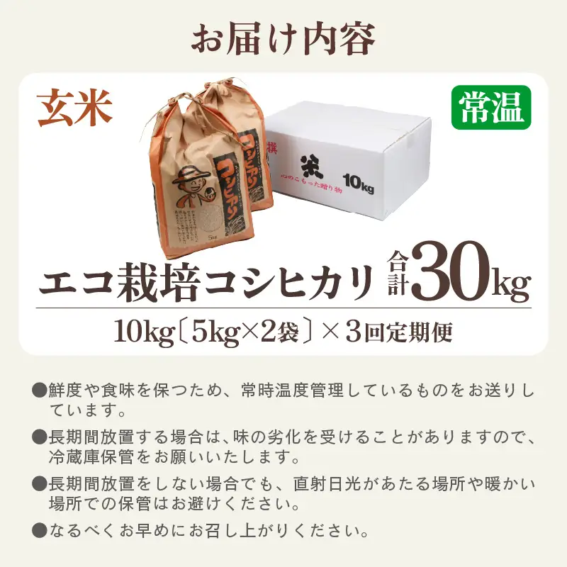 【先行予約】【令和8年産 新米】《定期便3回》エコ栽培コシヒカリ 玄米10kg（5kg×2袋）計30kg ／ 鮮度抜群 福井県産 こしひかり ご飯 新鮮 玄米 ※2026年10月上旬以降順次発送 [aw063-f004]