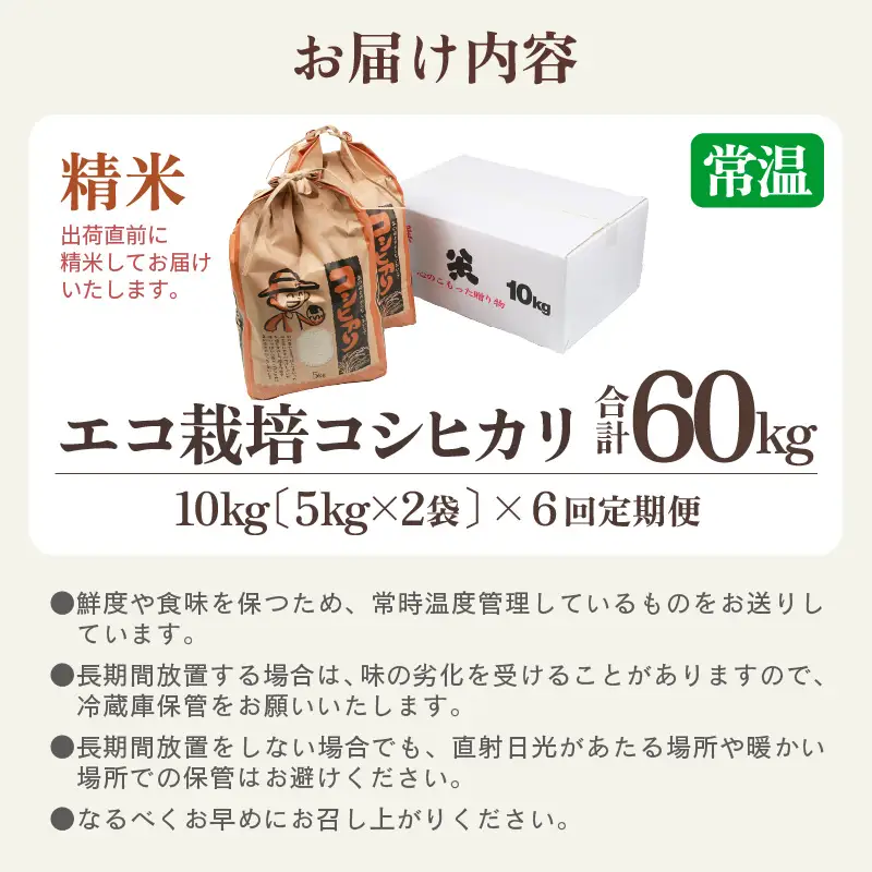 【先行予約】【令和8年産 新米】《定期便6回》エコ栽培コシヒカリ 白米10kg（5kg×2袋）計60kg ／ 鮮度抜群 福井県産 こしひかり ご飯 新鮮 白米 ※2026年10月上旬以降順次発送 [aw063-k006]