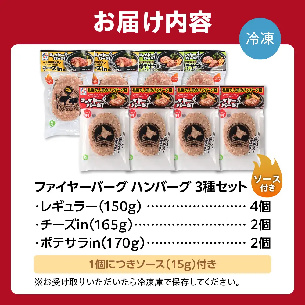 ハンバーグ 専門店の3種セット 8個（レギュラー・チーズ・ポテサラ）