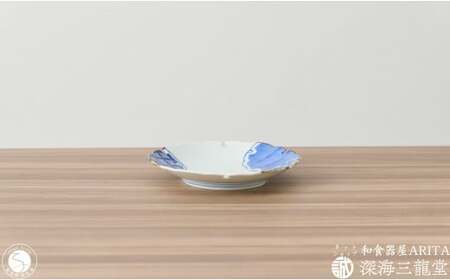 染付と赤絵雪輪皿 地紋 2枚 セット 深海三龍堂 有田焼 和食器 和風 小皿 銘々皿 取り皿 七宝 染付 錦 青 赤 A24-90