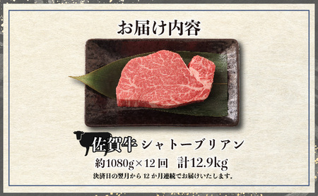 佐賀牛シャトーブリアン 計12.9kg (1080g×12回)