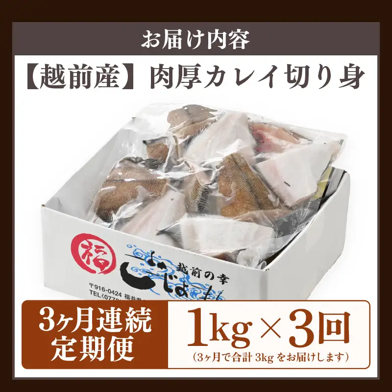 定期便 ≪3ヶ月連続お届け≫ 使い勝手抜群！福井県網元漁師が厳選 肉厚な越前産カレイの切り身（無塩）1kg × 3回 計3kg たっぷり 焼き魚 煮付け バラ凍結便利 [e15-a034]