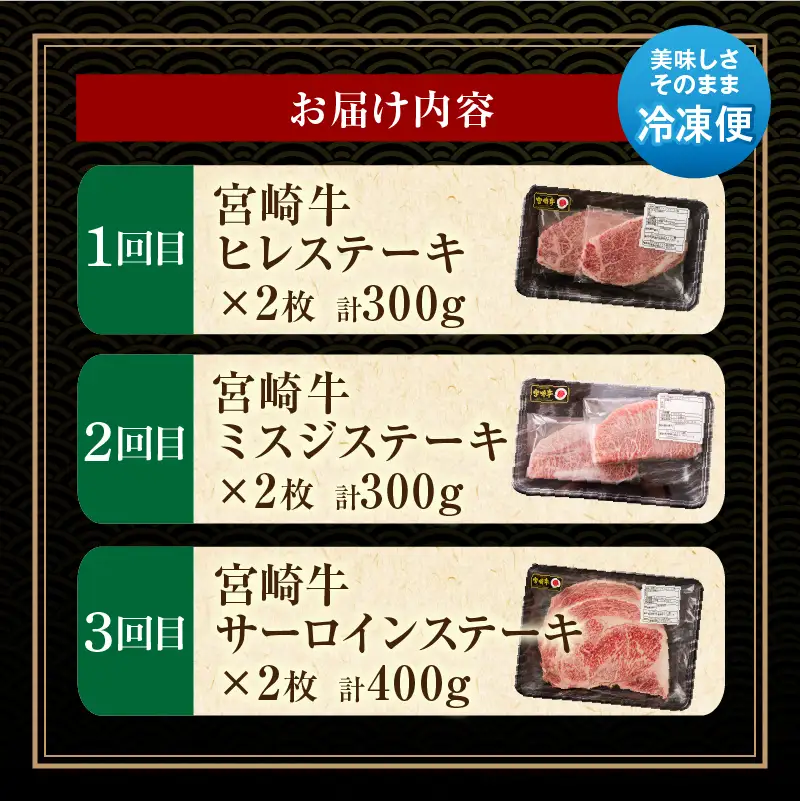 【定期便全3回】宮崎牛ステーキ食べ比べコース 宮崎牛 肉 和牛 牛肉 ヒレ ミスジ サーロイン ステーキ