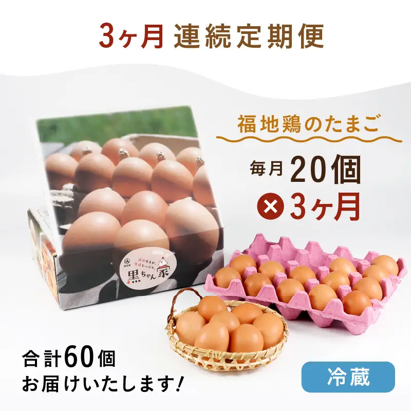 【3ヶ月連続お届け】 福井ブランド 「福地鶏」 の卵 20個 濃厚で甘くておいしい！  定期便 ／ 卵 たまご 鶏卵 生卵 有精卵 高級 高級卵 福地鶏 鶏 平飼い 美味しい こだわり 3ヶ月 定期便 卵かけご飯 料理 あわら市 福井県産 [aw036-b001]
