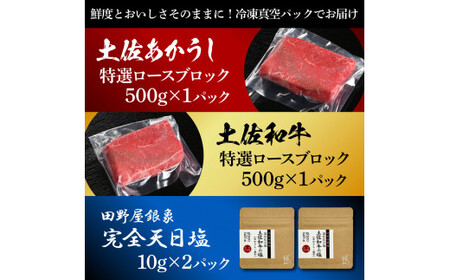 土佐あかうし＆土佐和牛2種食べ比べ 特選ロースブロック500g 計2P 田野屋銀象完全天日塩2P付 牛肉 肉 お肉 和牛 国産 牛 赤身 ヒレ カルビ ロース【株式会社LATERAL】 [BQAU082]