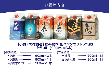 【超特急便】2455 【鹿児島県大隅焼酎】900ml×6本 飲み比べ  紙パック セット 小鹿 ・ 大海酒造 KN043-004-01 酒 焼酎 スピード配送 最短 すぐ届く お急ぎ