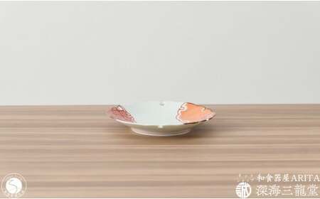 赤絵雪輪皿 地紋と麻の葉 2枚 セット 深海三龍堂 有田焼 和食器 和風 小皿 銘々皿 取り皿 七宝 錦 赤 ハレの日 A24-89