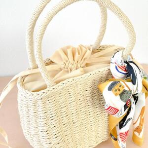 かごバッグ リボン 猫 スカーフ 巾着 インナーバッグ 軽い 夏 浴衣 かばん 大人 可愛い カジュアル カゴバッグ 鞄 イエロー